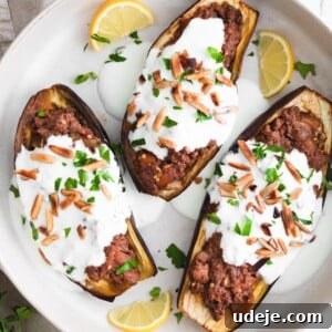 Stuffed eggplants placed on a plate drizzled with yogurt and garnished with nuts