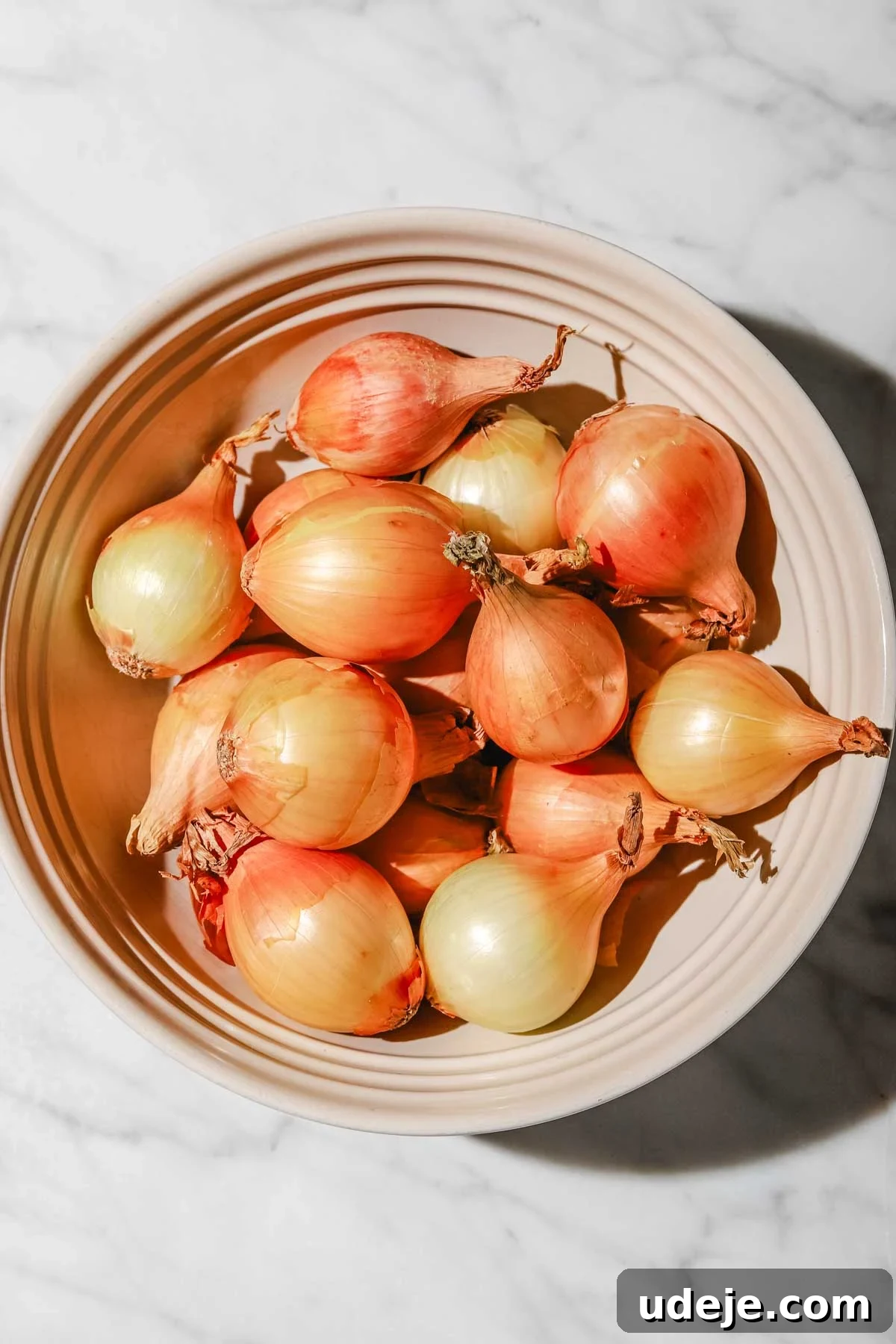 Lebanese Moghrabieh Pearl Couscous Delight 5 whole unpeeled pearl onions in a large beige bowl on a marbled background