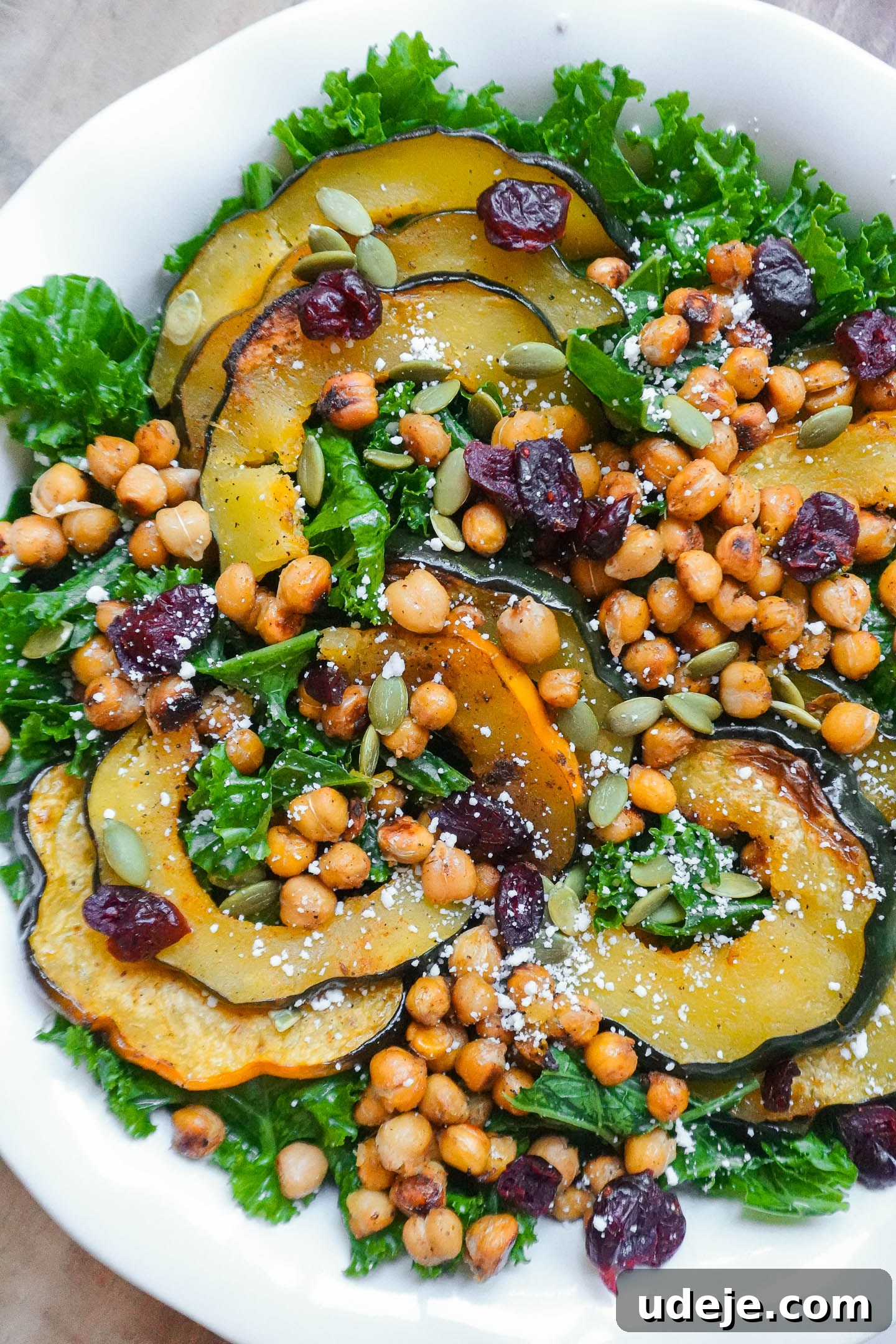 Roasted Acorn & Kale Salad with Maple Tahini 5 Close-up of a vibrant Acorn Squash Kale Salad, richly tossed with creamy dressing and topped with pumpkin seeds and dried cranberries.