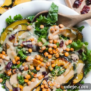 Close-up image of the finished Acorn Squash Kale Salad with Maple Tahini Dressing