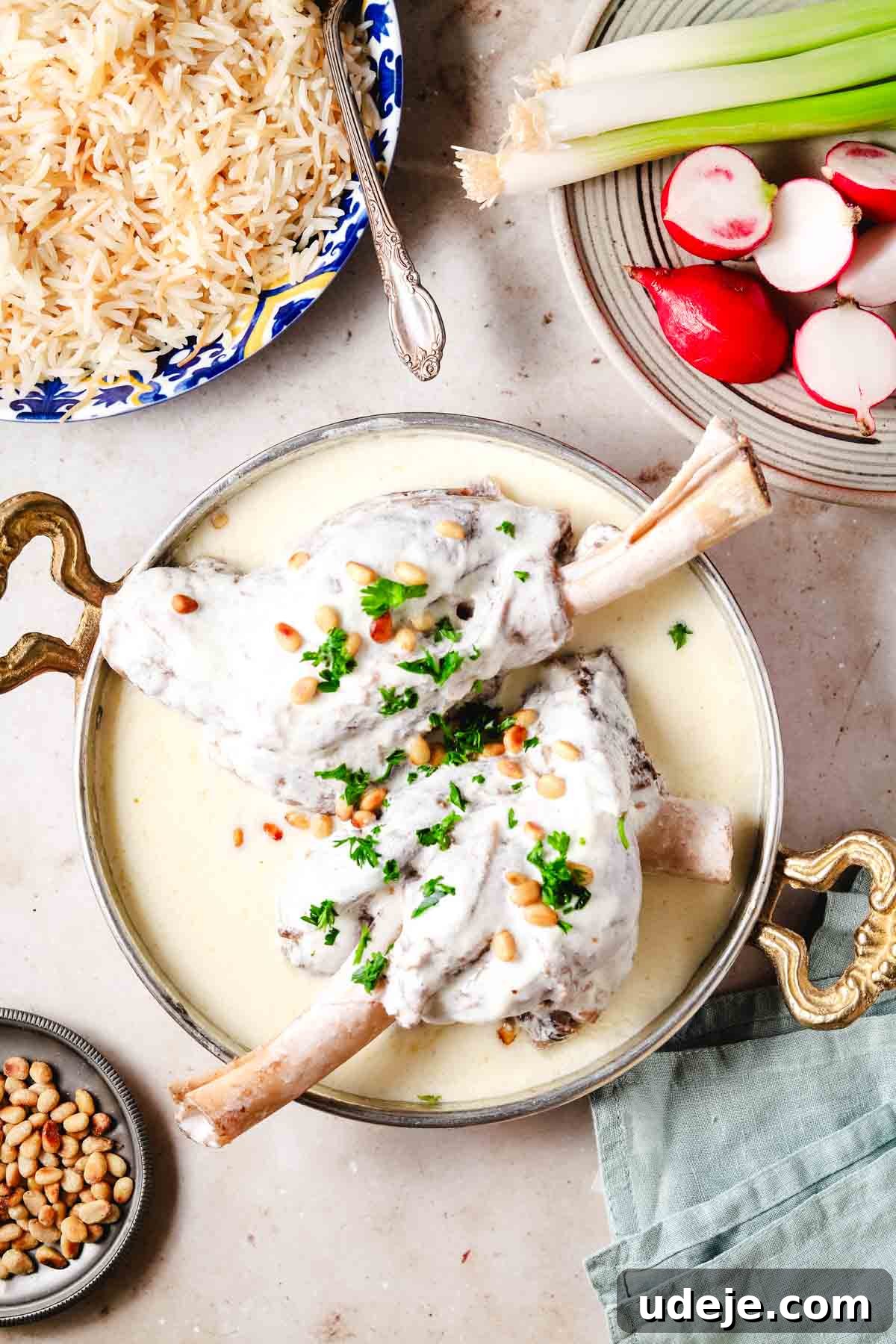 Syrian Shakriyeh: Velvety Lamb and Yogurt Stew 3 two large cooked lamb shanks in yogurt sauce placed in a small dish, along with a plate of vermicelli rice, a plate of cut up radish and green onions, and a small plate of toasted pine nuts