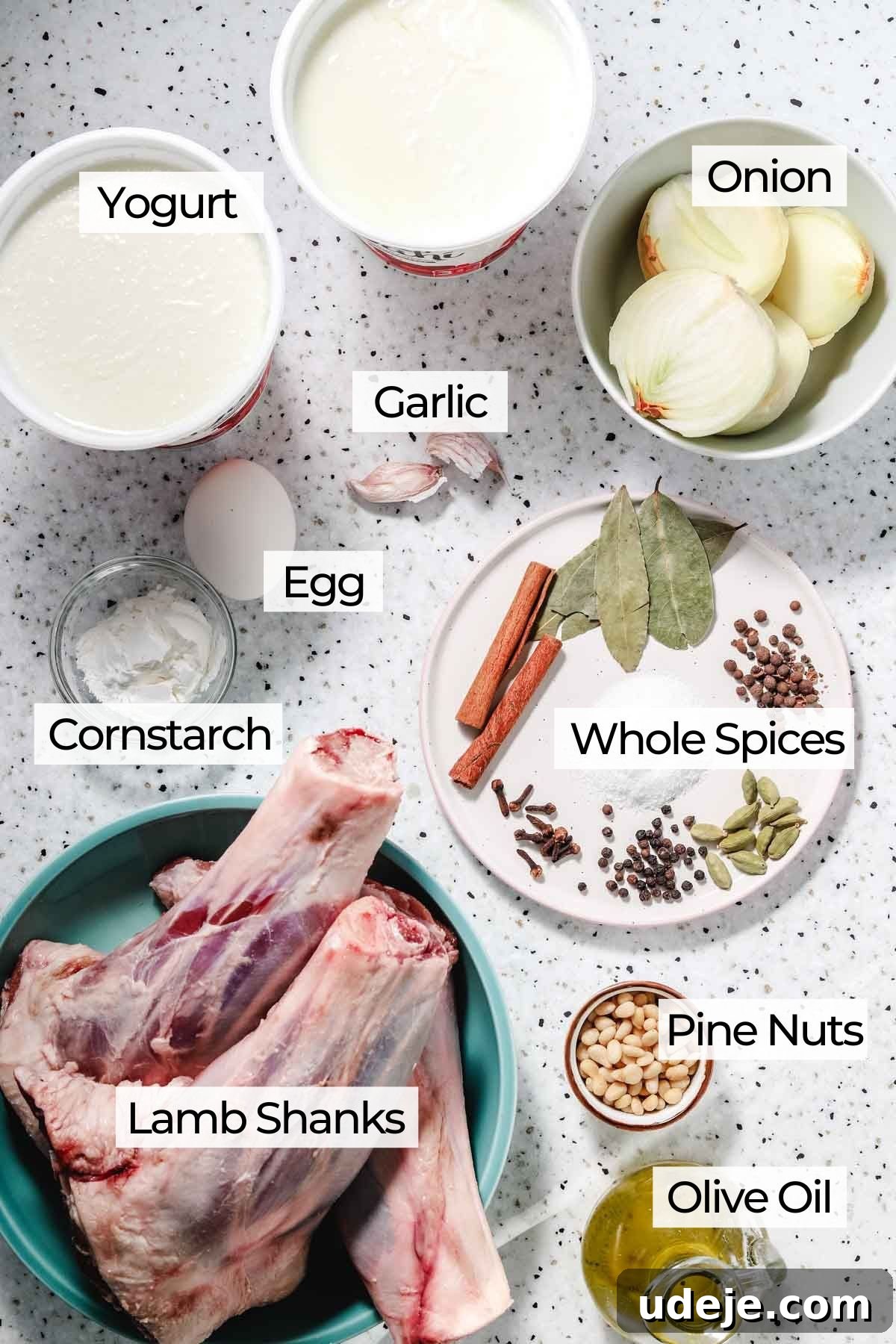 Syrian Shakriyeh: Velvety Lamb and Yogurt Stew 4 ingredients for shakriyeh which include lamb shanks, whole spices, olive oil, pine nuts, cornstarch, egg, yogurt, garlic and onion