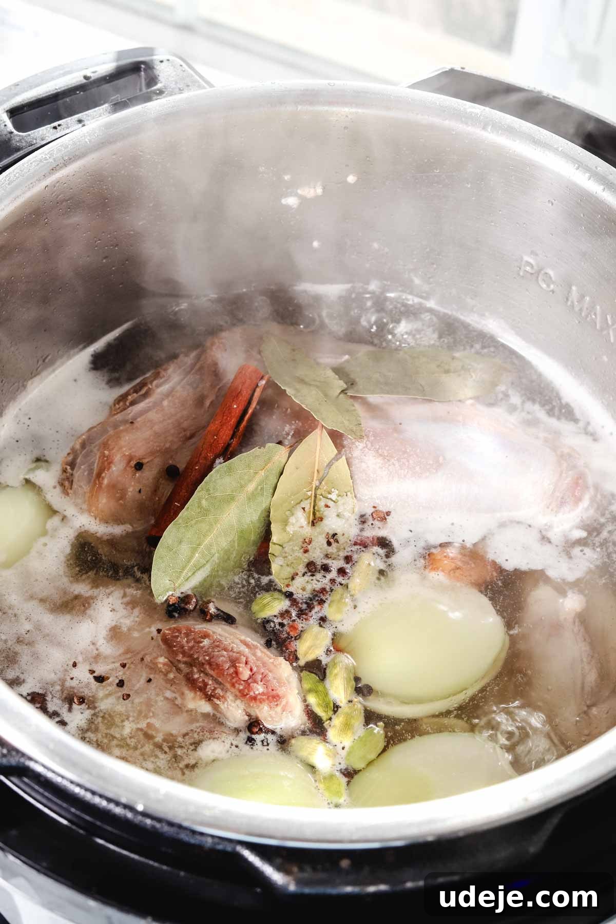 Syrian Shakriyeh: Velvety Lamb and Yogurt Stew 8 lamb shanks, water, onions, bay leaves, cardamom, black pepper, and salt in an instant pot