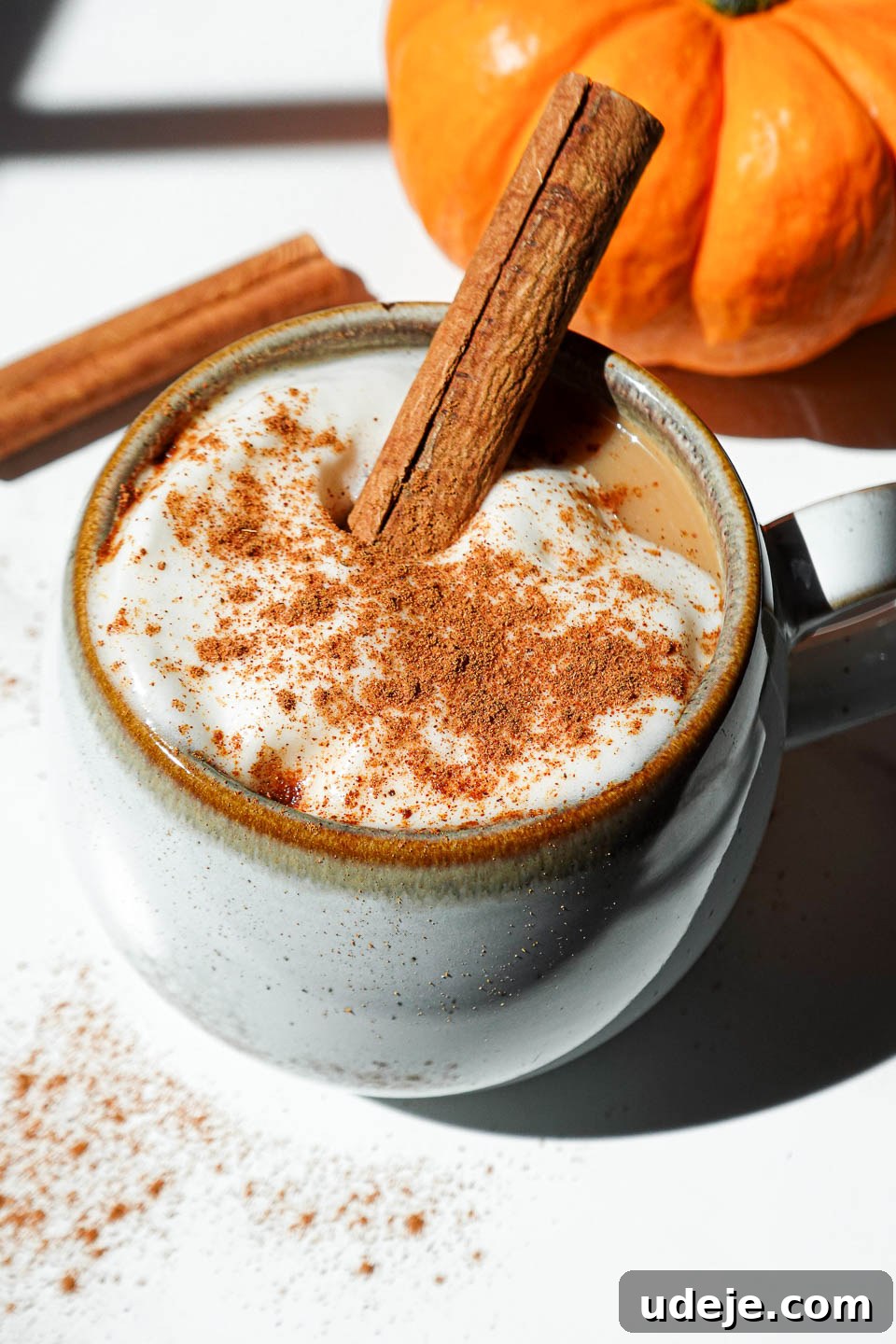 Warming Pumpkin Spice Chai Latte 2 A cozy mug of pumpkin spice chai latte topped with coconut whipped cream, a cinnamon stick, and a sprinkle of pumpkin spice, set on a rustic fall background.