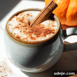 A cozy mug of pumpkin spice chai latte topped with coconut whipped cream, a cinnamon stick, and a sprinkle of pumpkin spice.