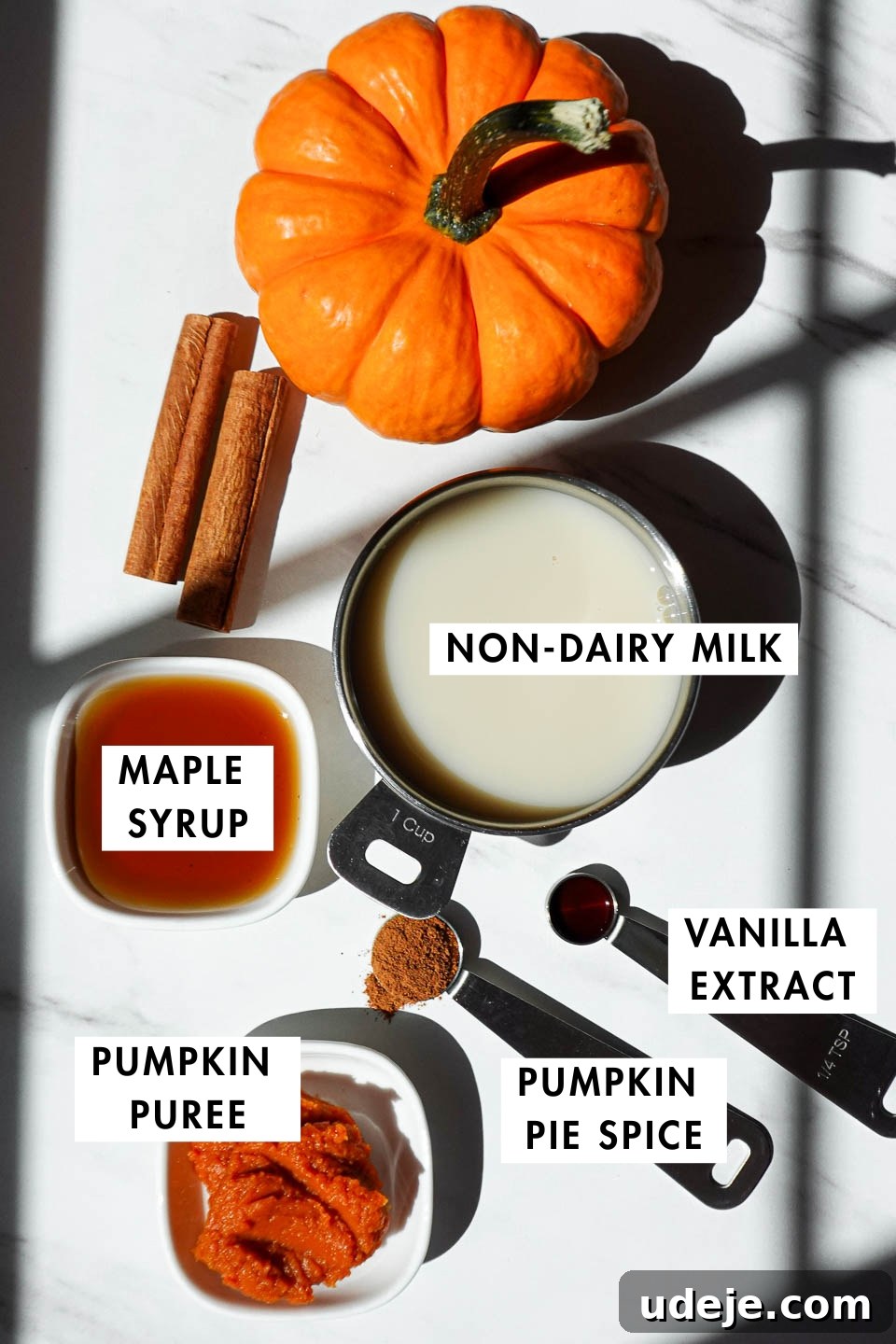 Warming Pumpkin Spice Chai Latte 4 Overhead shot of all the essential ingredients laid out for making a pumpkin spice chai latte: a chai tea bag, pumpkin puree, maple syrup, pumpkin pie spice, vanilla extract, and a bottle of non-dairy milk.