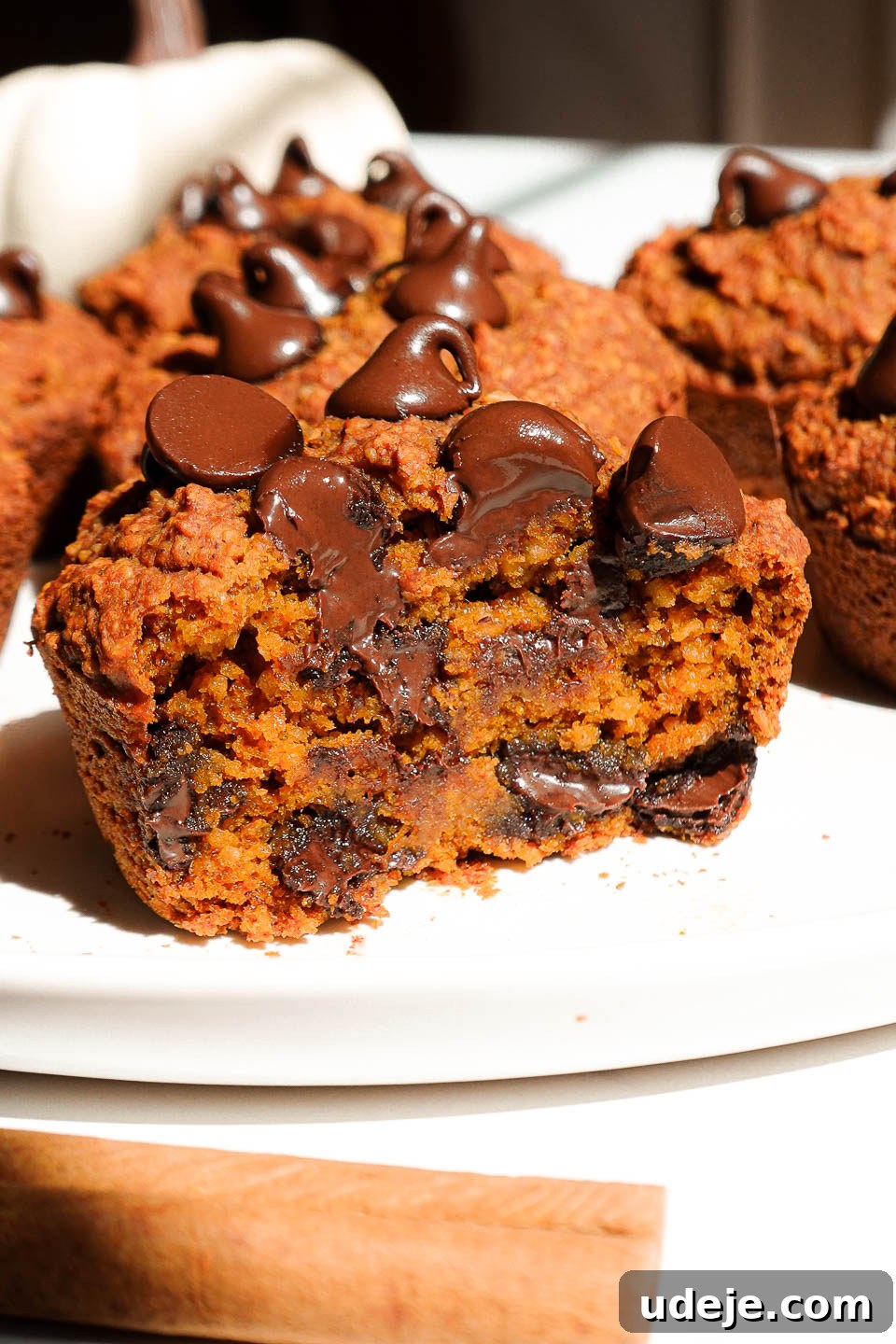 Delicious Plant Based Gluten Free Pumpkin Muffins 3 moist and fluffy pumpkin muffin cut in half to show soft crumb and melty chocolate chips