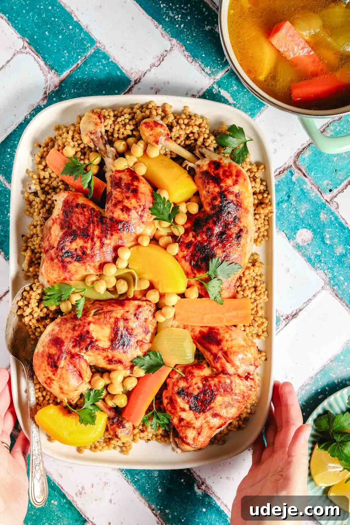 A vibrant platter of Palestinian maftoul, generously topped with succulent chicken legs, an array of colorful carrots, tender squash, and savory onions, all complemented by plump chickpeas and garnished with fresh parsley leaves.