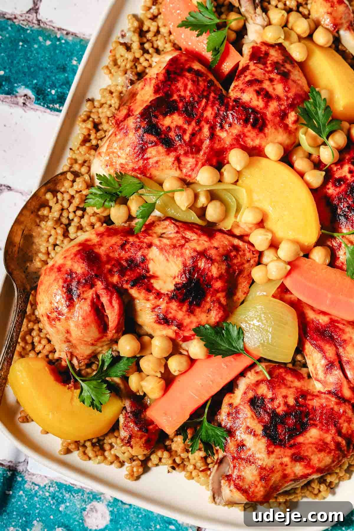 A generous platter showcasing authentic Palestinian maftoul, crowned with golden-brown chicken legs and a colorful assortment of carrots, squash, onions, and chickpeas, elegantly garnished with fresh parsley leaves for a final flourish.