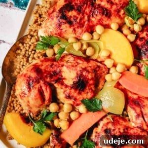 A vibrant platter of Palestinian maftoul, generously topped with succulent chicken legs, an array of colorful carrots, tender squash, and savory onions, all complemented by plump chickpeas and garnished with fresh parsley leaves.