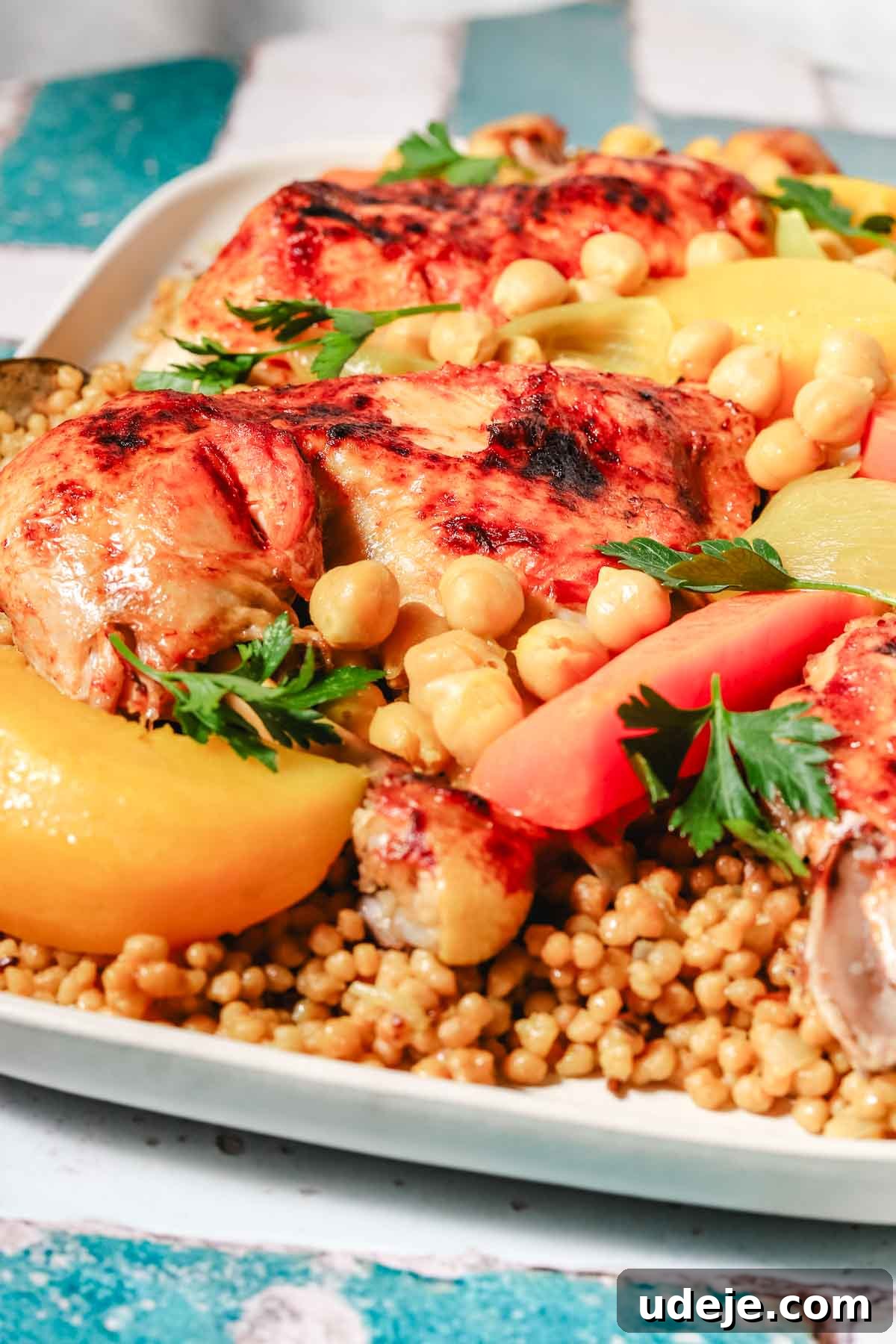 An overhead view of a traditional Palestinian maftoul dish, featuring a bed of fluffy maftoul, topped with golden-brown chicken legs, a colorful medley of carrots, squash, onions, and chickpeas, all elegantly garnished with fresh parsley for a touch of vibrancy.