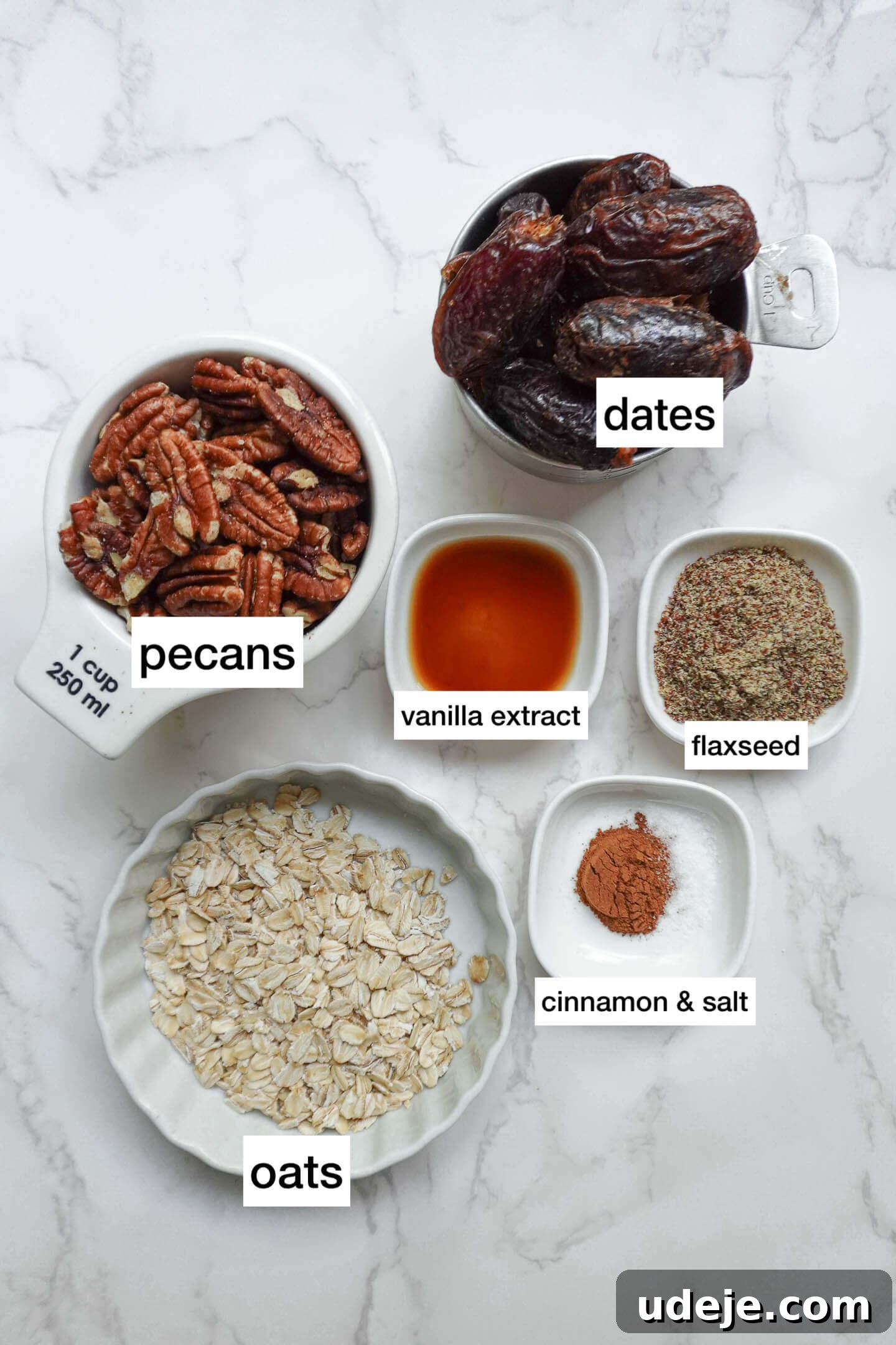 Pecan Pie Power Bites 4 ingredients needed to make Pecan Pie Energy Balls: dates, pecans, oats, vanilla extract, flaxseed, cinnamon & salt.