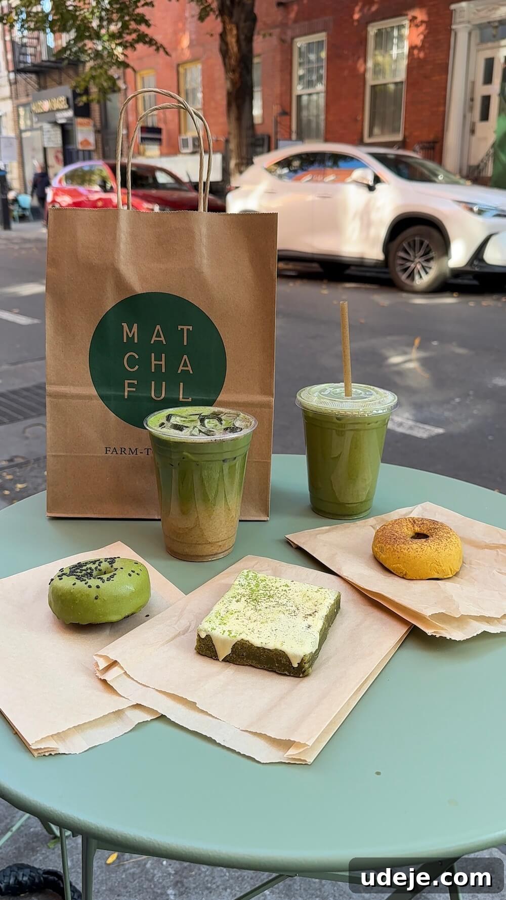 The Ultimate New York City Vegan Restaurant and Cafe Guide 16 two matcha lattes, a matcha brownie, matcha donut and pumpkin donut from matchaful, a vegan cafe in NYC