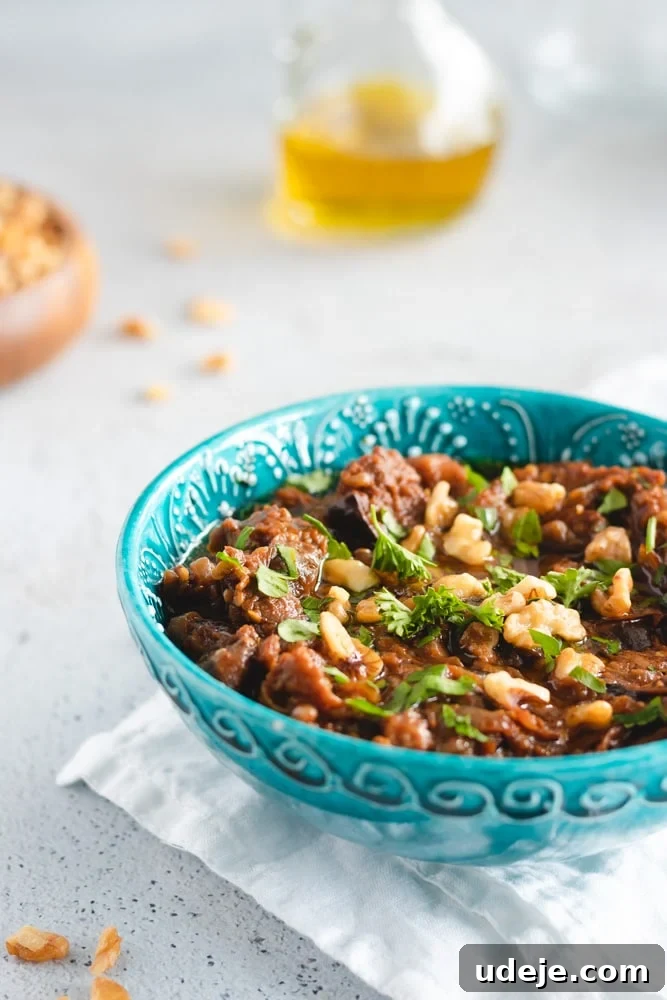 Vibrant Mediterranean Eggplant and Tomato Dip 3 Close-up view of a rich Mediterranean Roasted Eggplant Dip served in a blue bowl, beautifully garnished with fresh green parsley and rustic chopped walnuts. The texture appears smooth and inviting, hinting at its delicious flavors.