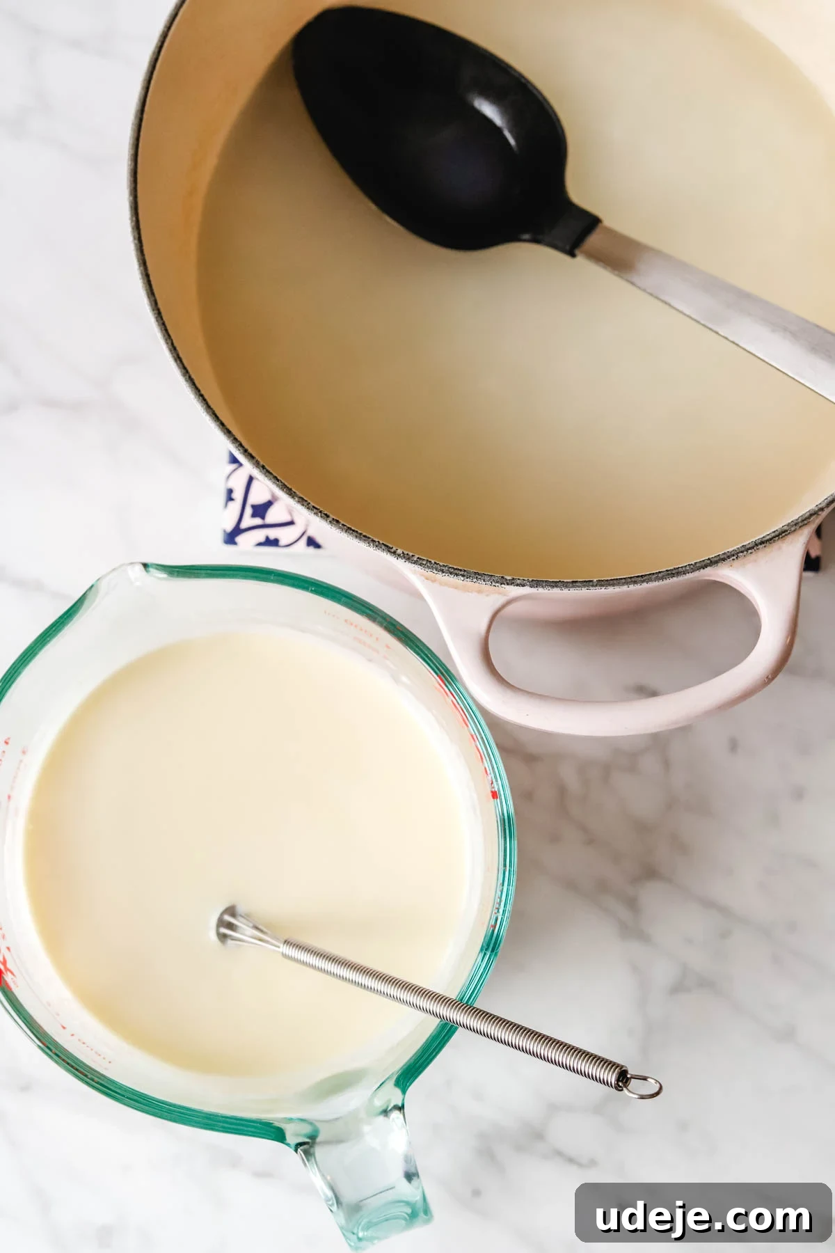 A side-by-side shot: on the left, a soup pot with cooked white rice suspended in water with a large serving spoon; on the right, a measuring cup holds the whisked yogurt, egg, flour, and lemon juice mixture.