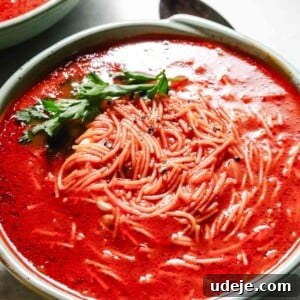 Quick Tomato Vermicelli Delight 10 Tomato vermicelli soup in a soup bowl, garnished with parsley.