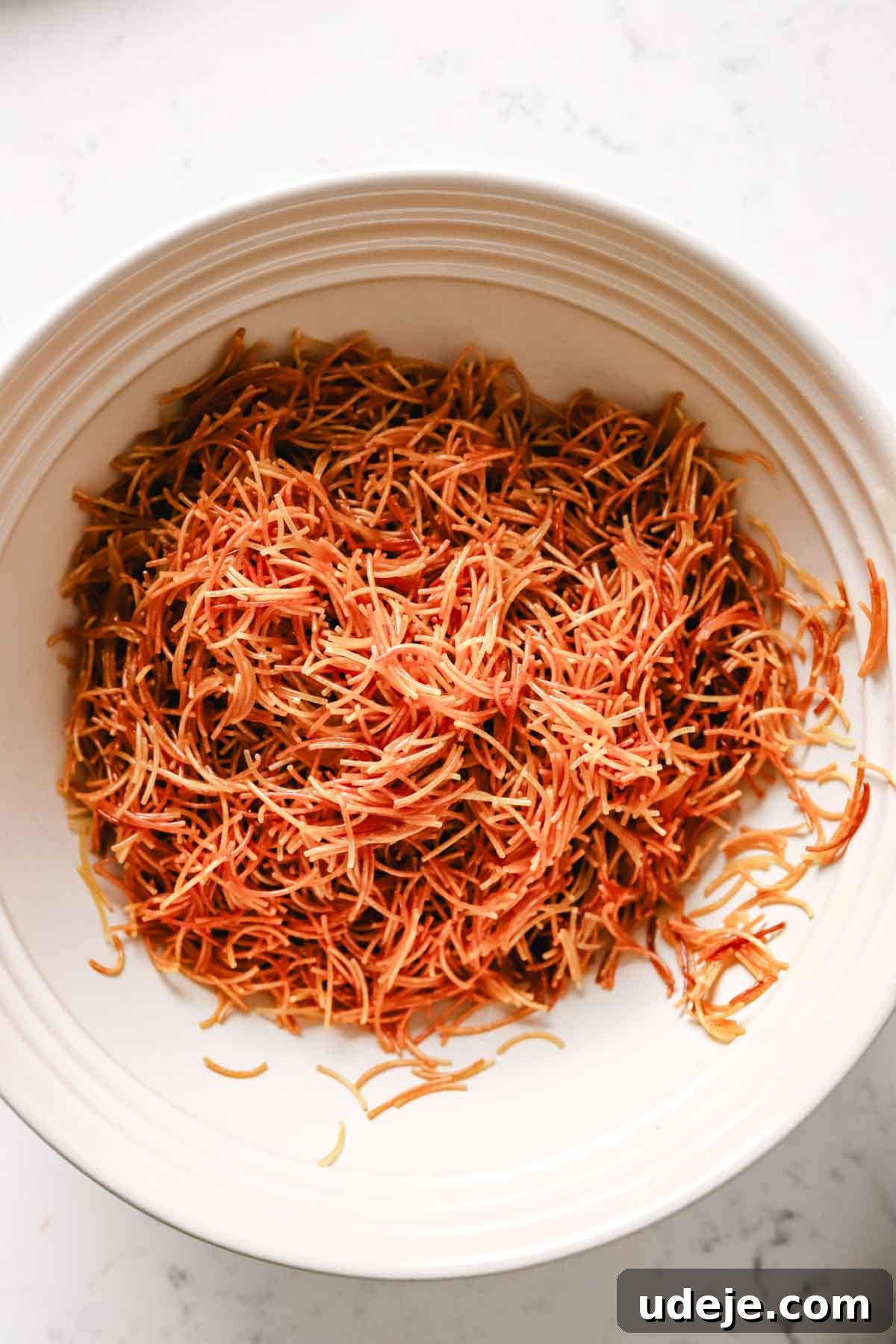 Quick Tomato Vermicelli Delight 5 Golden-brown toasted vermicelli noodles are presented in a creamy white bowl, highlighting their perfect crispness and nutty appearance.