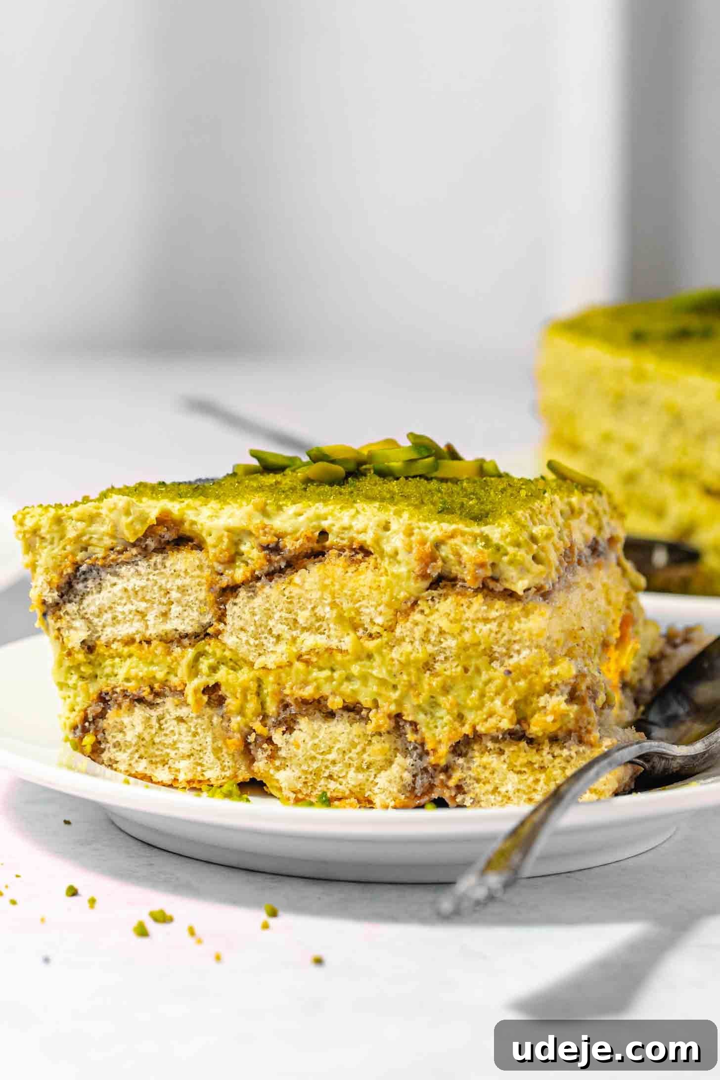 Lush Eggless Pistachio Tiramisu 2 A close-up of pistachio tiramisu on a white plate, garnished with chopped pistachios. A fork rests nearby, while another slice of creamy pistachio tiramisu is visible in the background.