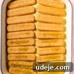 Lush Eggless Pistachio Tiramisu 23 A rectangular baking dish filled with a single layer of ladyfinger cookies, soaked in a light yellow liquid and arranged neatly side by side, perfect for creating a delicious pistachio tiramisu.