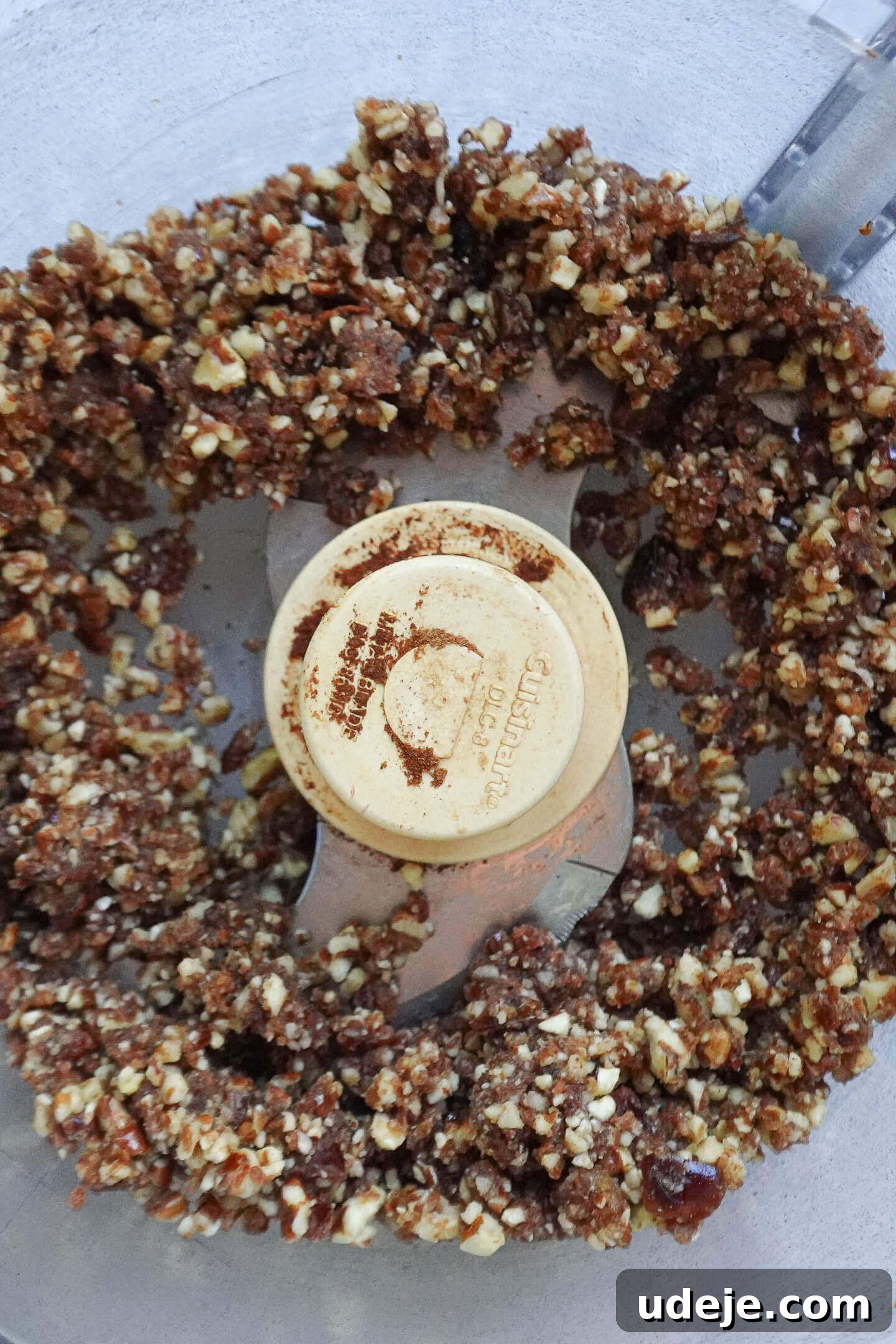 Effortless Vegan Pumpkin Cheesecake Trifle 4 Blending pecans and medjool dates for the pecan-date crumble in a food processor