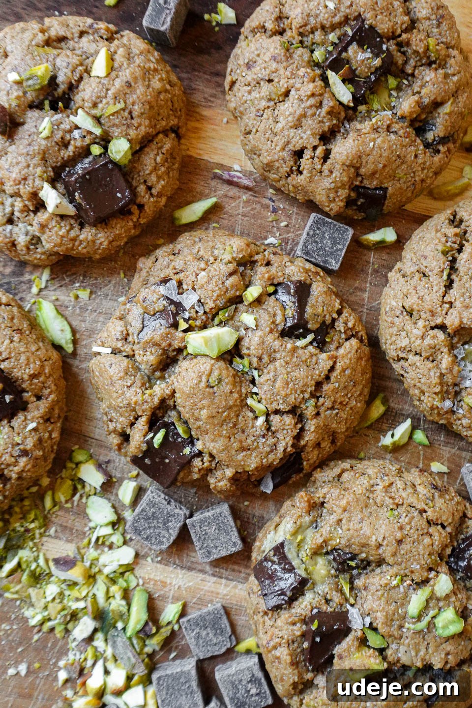 Plant Based Gluten Free Pistachio Chocolate Chip Cookies 3 Healthy vegan pistachio chocolate chip cookies made with almond flour and coconut sugar, perfectly golden brown