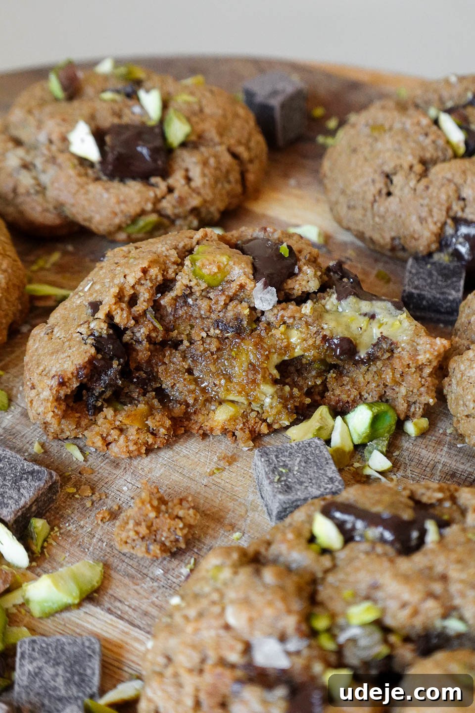 Plant Based Gluten Free Pistachio Chocolate Chip Cookies 4 Vegan and gluten-free pistachio chocolate chip cookie with a bite taken out, revealing a soft, chewy center with gooey pistachio butter
