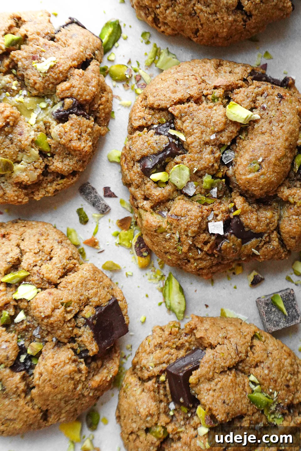 Plant Based Gluten Free Pistachio Chocolate Chip Cookies 5 Baked vegan pistachio chocolate chip cookies made with gluten-free flour topped with a sprinkle of flaky sea salt and chopped pistachios on a wire rack