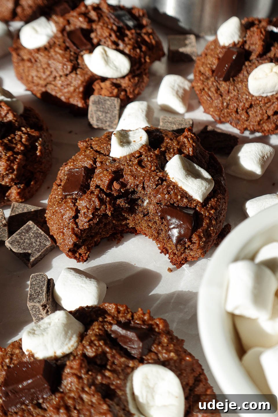 Ultra Fudgy Vegan Gluten Free Hot Cocoa Cookies 3 A vegan hot chocolate cookie with a bite taken out, showing a soft, chewy texture and gooey melted chocolate with mini marshmallows.