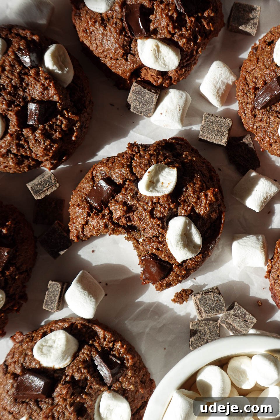 Ultra Fudgy Vegan Gluten Free Hot Cocoa Cookies 5 Overhead shot of vegan hot chocolate cookies with a bite taken out arranged on parchment paper, topped with chocolate chips and mini marshmallows, perfect for holiday baking.