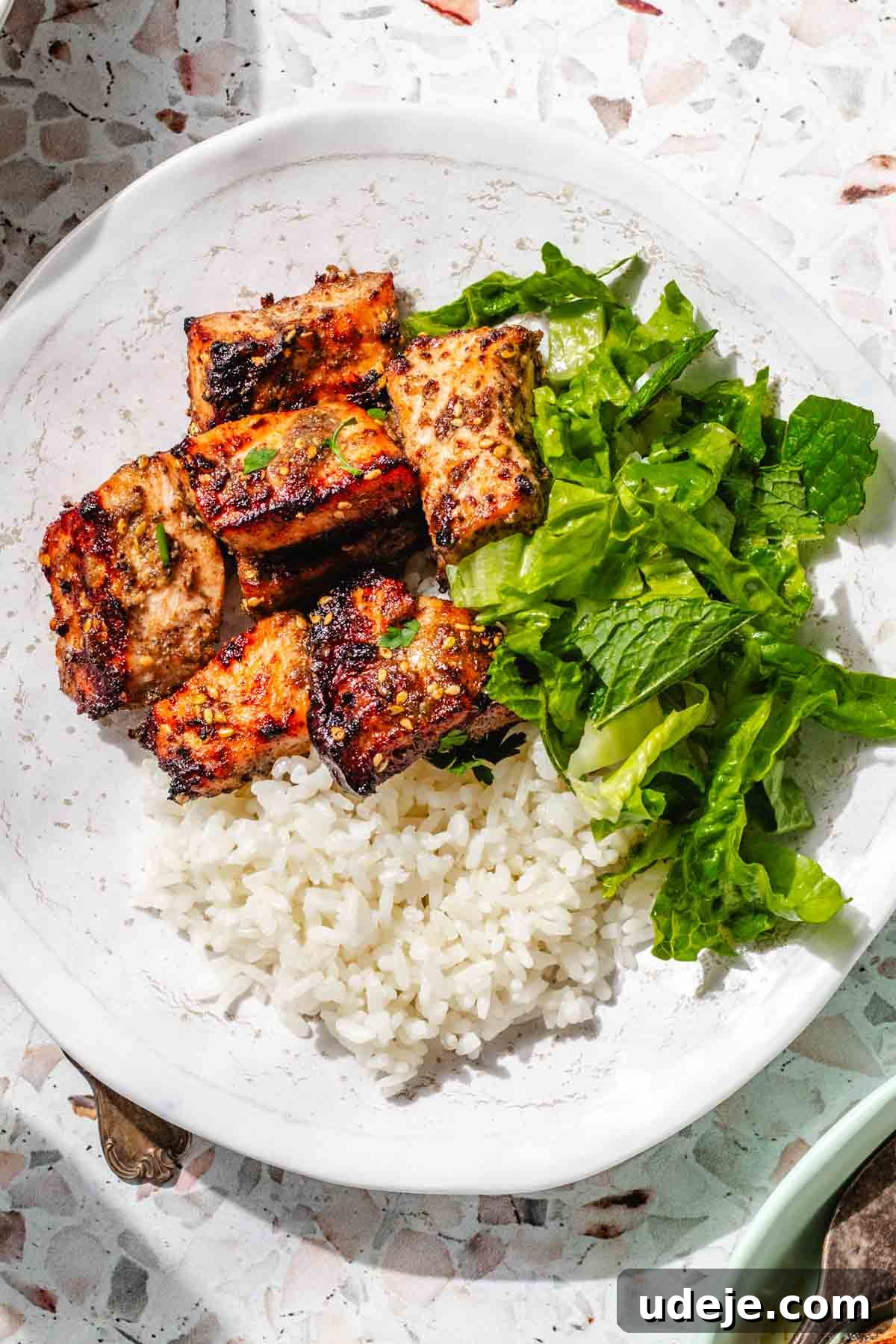 Crispy Air Fried Zaatar Salmon Bites 10 A beautifully composed white plate featuring fluffy rice, golden air fryer salmon bites, and fresh green lettuce, all artfully arranged on a pink terrazzo background.