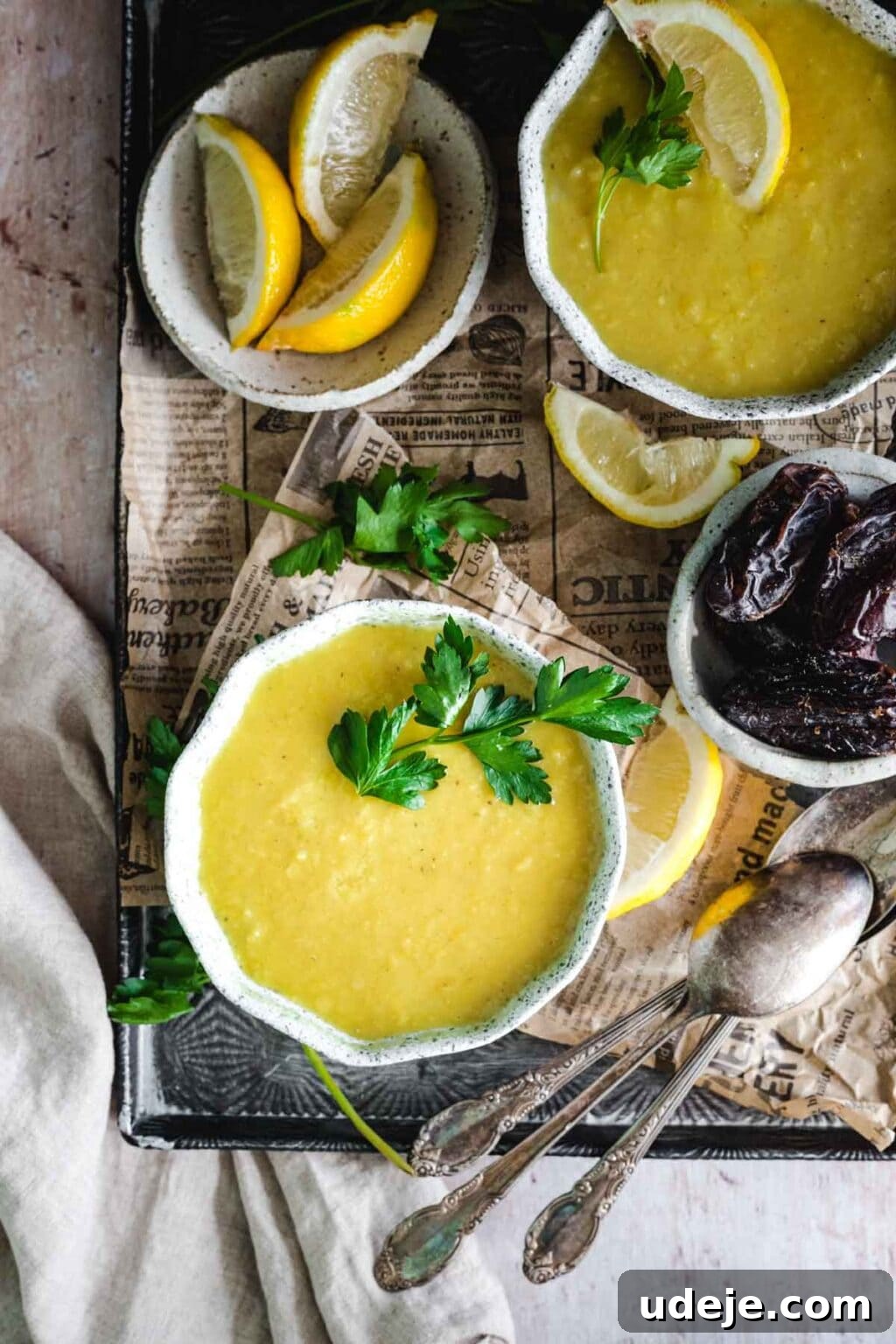 Middle Eastern Lentil Soup Two Ways 2 Vibrant yellow lentil soup served in a ceramic bowl, resting on a rustic wooden tray alongside a small bowl of dates and a cluster of fresh lemon wedges, ready to be enjoyed.