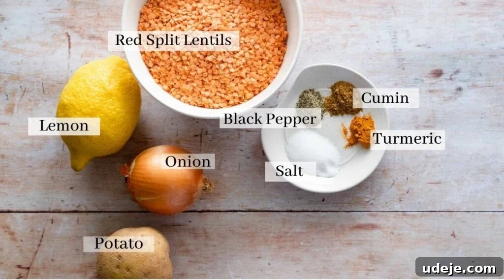 Middle Eastern Lentil Soup Two Ways 3 A vibrant flat lay showcasing the key ingredients for Arabic Lentil Soup: red split lentils, freshly diced onions and potato, alongside bowls of salt, black pepper, bright yellow turmeric, and earthy cumin.