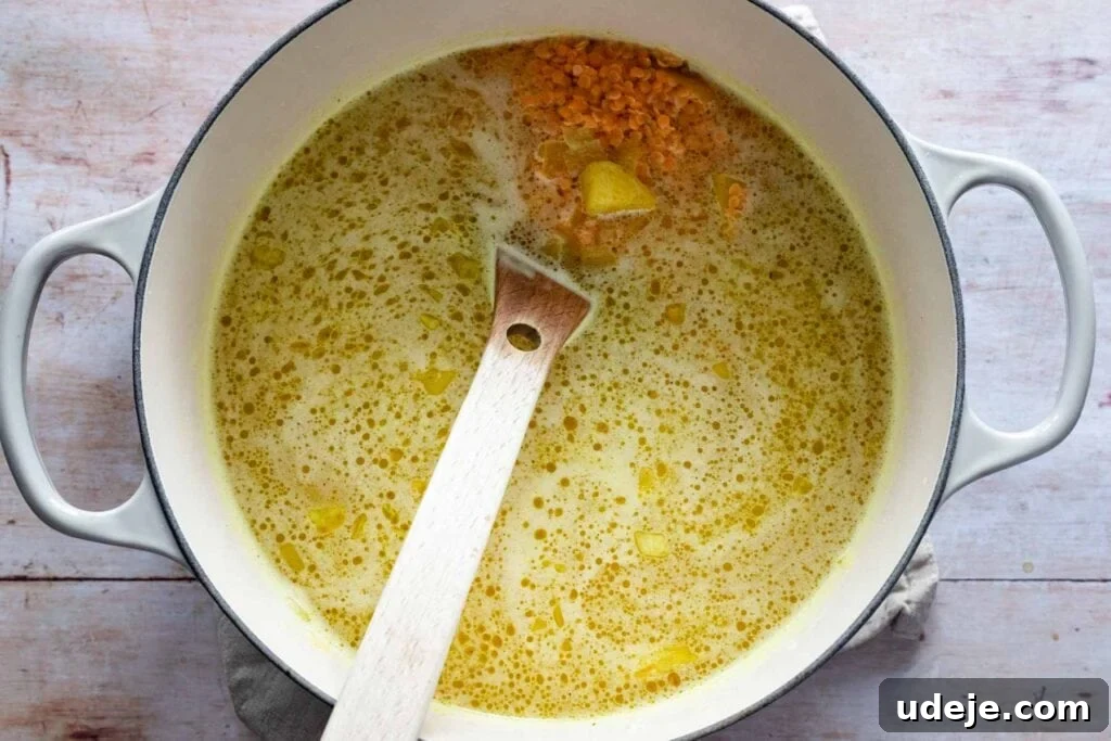 Middle Eastern Lentil Soup Two Ways 5 A vibrant red lentil soup broth simmering in a pot, with a wooden spoon resting inside, showcasing the cooking process before blending.
