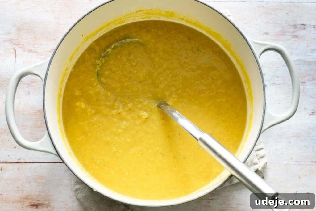 Middle Eastern Lentil Soup Two Ways 6 Creamy, blended yellow lentil soup fills a large pot, with a ladle resting inside, indicating readiness for serving.