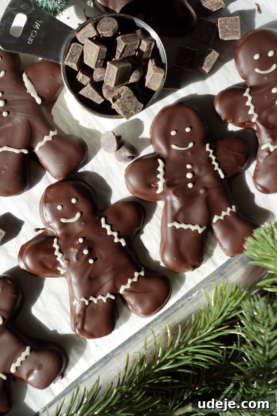Decadent Vegan Gluten-Free Peppermint Chocolate Delights 4 Gluten-free vegan chocolate peppermint gingerbread cookies decorated with white chocolate details