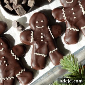 Decadent Vegan Gluten-Free Peppermint Chocolate Delights 7 Festive vegan chocolate peppermint cookies in the shape of gingerbread men, coated in melted chocolate and adorned with white chocolate decorations