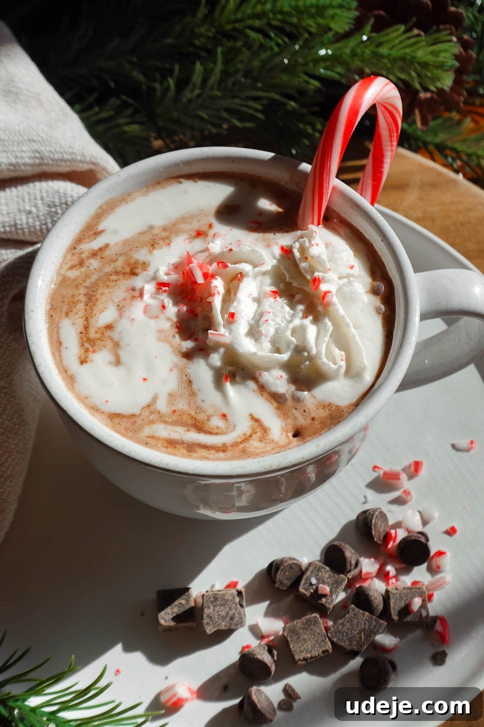 Plant-Based Peppermint Hot Cocoa Bliss 2 Vegan peppermint hot chocolate topped with non-dairy whipped cream, crushed peppermint, and a candy cane, set against a holiday greenery.