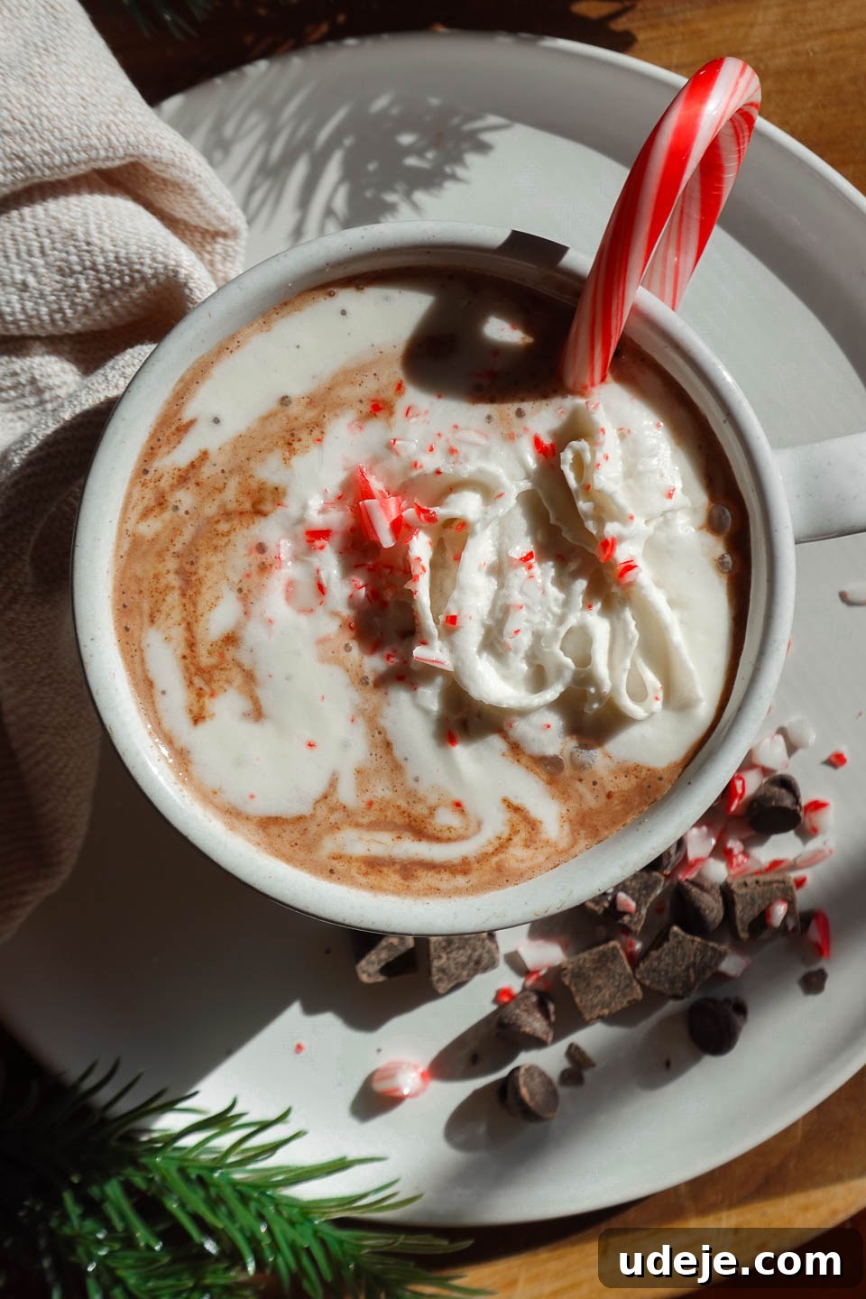 Plant-Based Peppermint Hot Cocoa Bliss 3 Close-up of a mug of dairy-free peppermint hot chocolate with non-dairy whipped cream, crushed candy canes, and a candy cane stirrer.