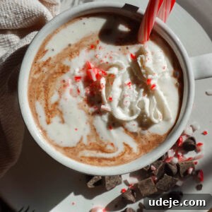Close-up of a mug of dairy-free peppermint hot chocolate with non-dairy whipped cream, crushed candy canes, and a candy cane stirrer.