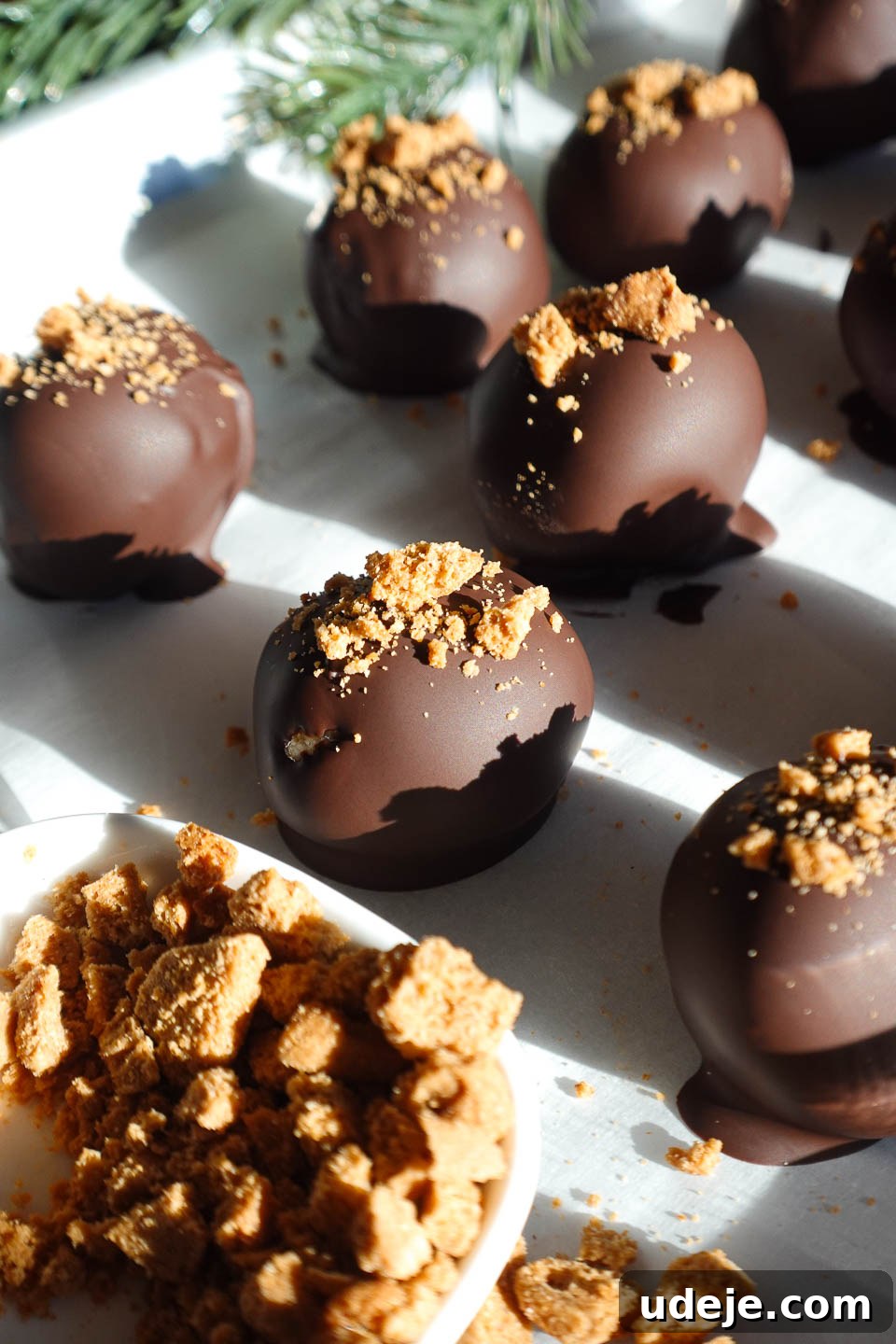 Festive Gingerbread Vegan Truffles 2 Close-up of vegan gingerbread truffles dipped in chocolate and sprinkled with crushed gingerbread cookies, showcasing their inviting texture.