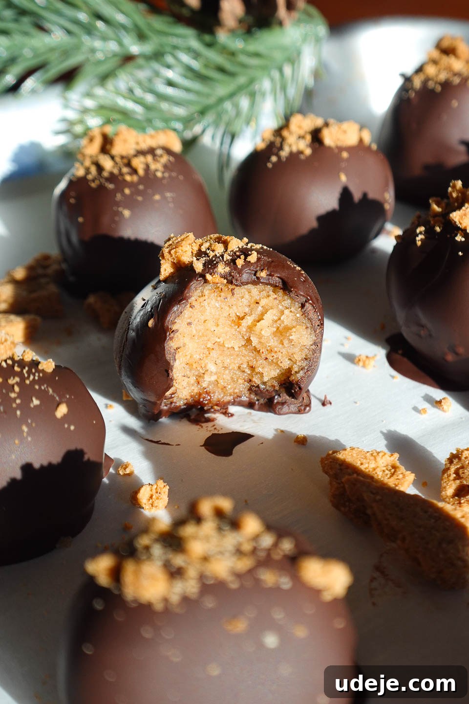 Festive Gingerbread Vegan Truffles 3 Close-up of a vegan chocolate gingerbread truffle with a bite taken out, revealing the creamy and perfectly spiced texture inside.