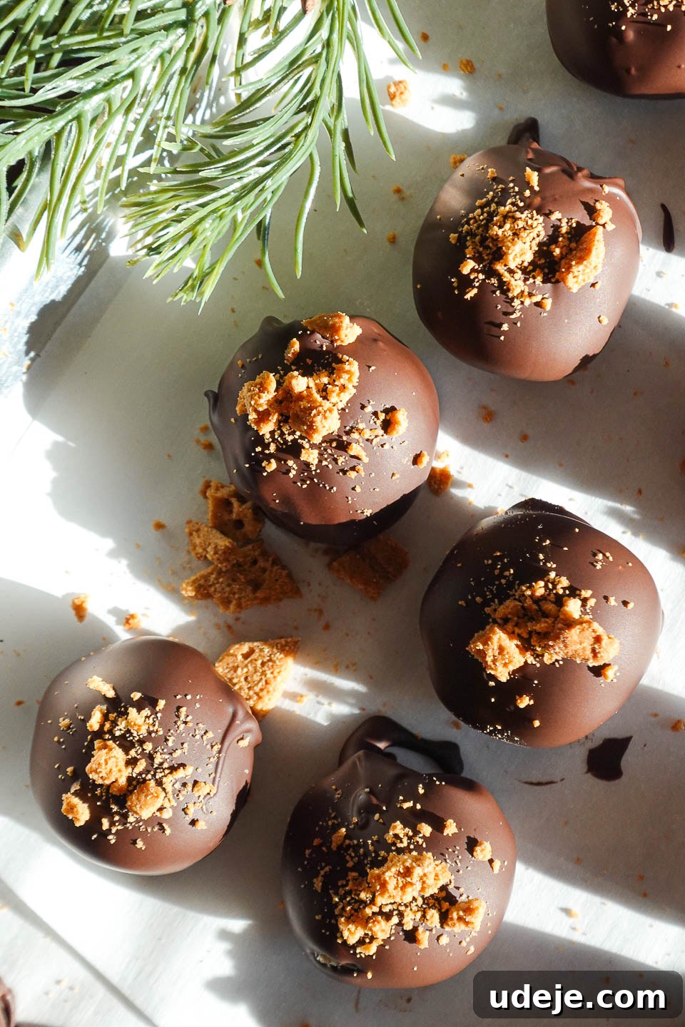 Festive Gingerbread Vegan Truffles 4 Overhead shot of vegan chocolate gingerbread truffles topped with crushed gingerbread cookies, arranged neatly on a parchment-lined tray.