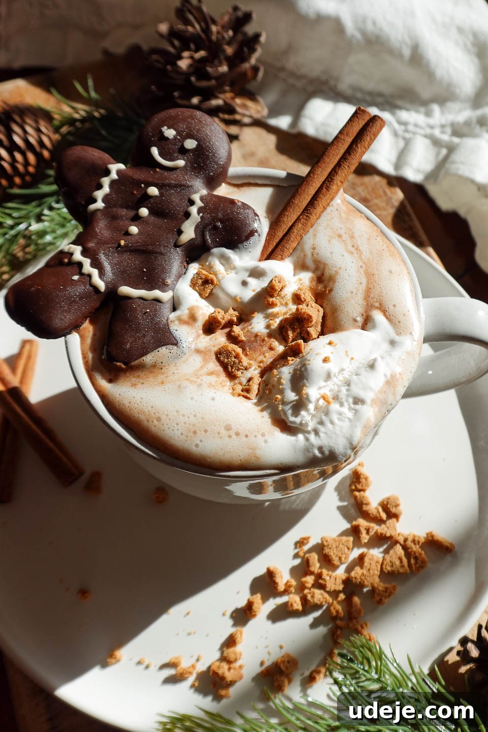 Festive Vegan Gingerbread Hot Chocolate 2 Warm and cozy gingerbread hot chocolate topped with vegan whipped cream, a cinnamon stick, crushed gingerbread cookies, and a chocolate gingerbread cookie, perfect for Christmas.