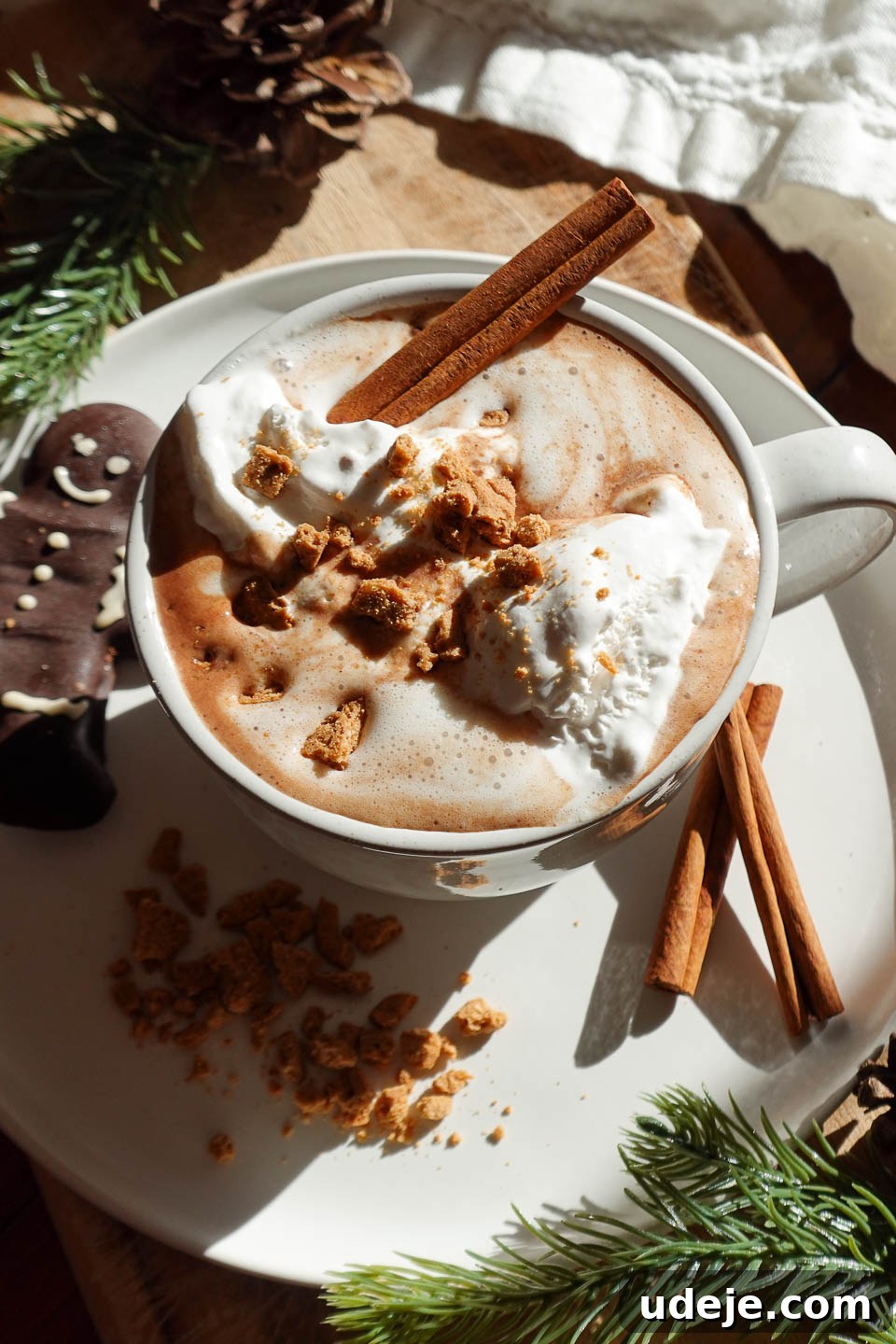 Festive Vegan Gingerbread Hot Chocolate 6 Close-up of creamy gingerbread hot chocolate in a cozy mug with vegan whipped cream, a chocolate gingerbread man cookie, and crushed gingerbread cookies.