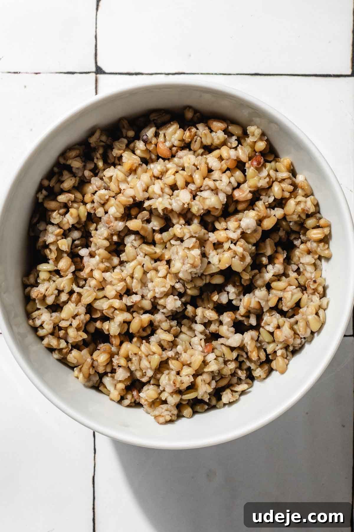 Silky Freekeh Bean Fiesta 5 Cooked freekeh grains in a small grey bowl