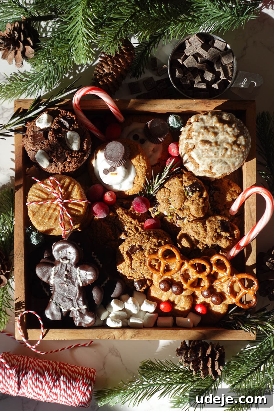 The Ultimate 2024 Vegan and Gluten-Free Christmas Cookie Collection 2 Vegan gluten-free Christmas cookie box with holiday treats, including peanut butter blossoms, chocolate chip cookies, and iced gingerbread cookies