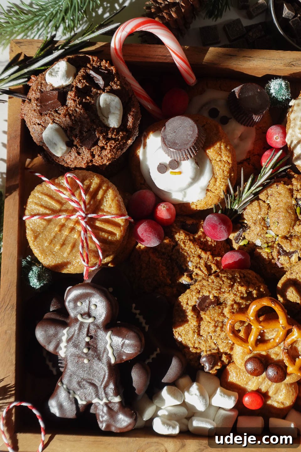 The Ultimate 2024 Vegan and Gluten-Free Christmas Cookie Collection 5 Allergen-friendly Christmas cookie assortment featuring 12 festive vegan and gluten-free holiday cookies decorated with fresh cranberries and rosemary sprigs