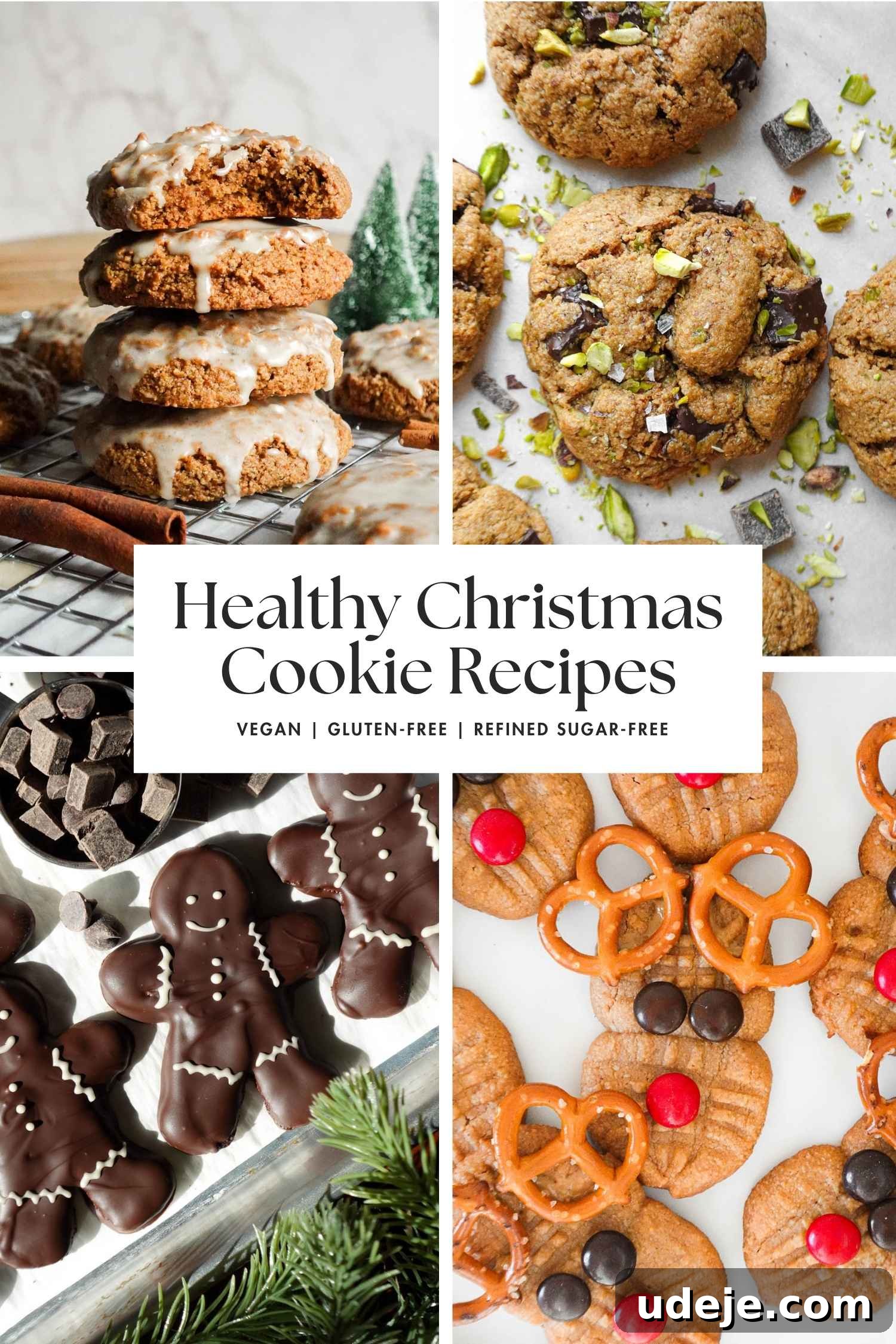 Guilt-Free Christmas Cookie Delights 2 Collection of healthy Christmas cookies that are vegan, gluten-free, and refined sugar-free, perfect for guilt-free holiday treats.