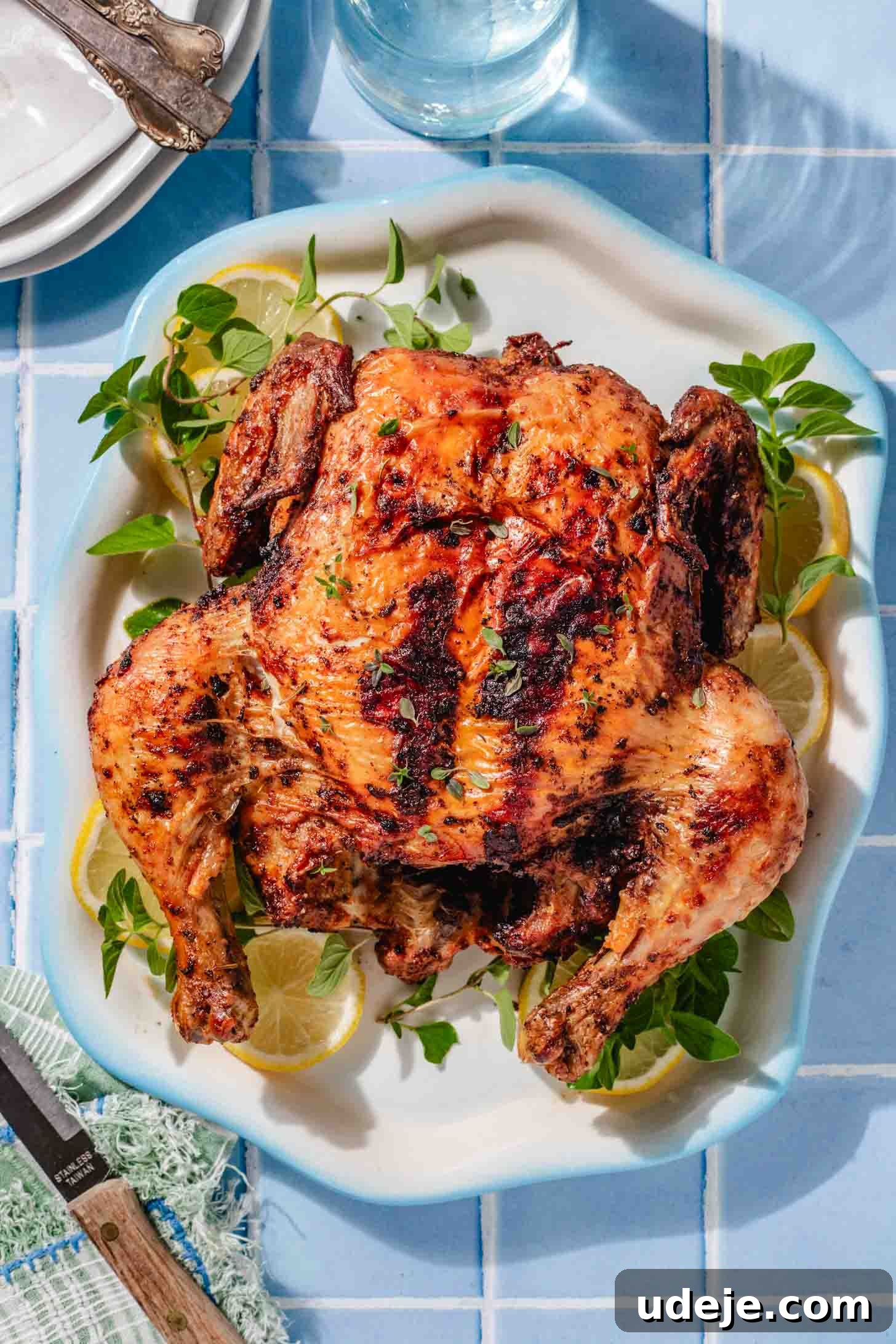Crispy and Juicy Air Fryer Whole Chicken in 60 Minutes 2 whole air fried chicken on a white, light blue rimmed platter with herbs and lemon slices on a blue tiled background with a glass of water, 3 white plates stacked, a green tea towel and a wooden handled knife
