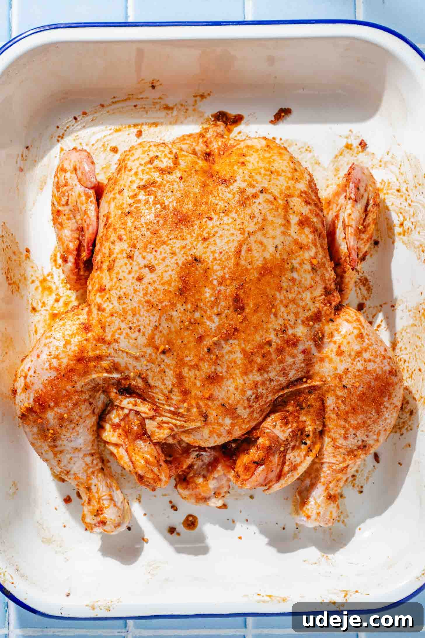 Crispy and Juicy Air Fryer Whole Chicken in 60 Minutes 5 whole chicken rubbed with red/orange marinade in a white, blue rimmed baking dish on a blue tiled background